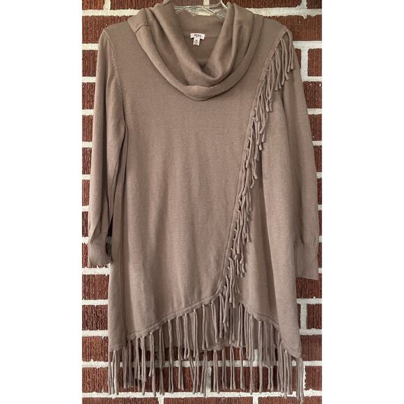 Reba Sweaters - Reba Fringed Tan Cowl Neck Sweater 3/4 Sleeves Size Medium